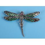 Silver champlevé enamel dragonfly brooch