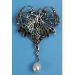 Silver & champlevé enamel pearl drop brooch