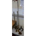 Collection of tools to include 2 lump hammers, axe and treble shoe last