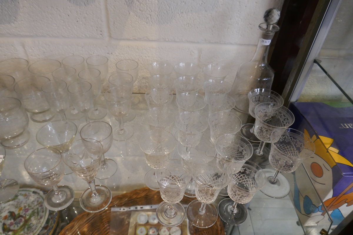 Shelf of glasses - Mostly etched - Image 2 of 8