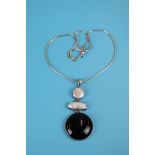 Designer silver pearl & onyx pendant on chain