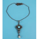 Antique pearl & turquoise silver set pendant & chain