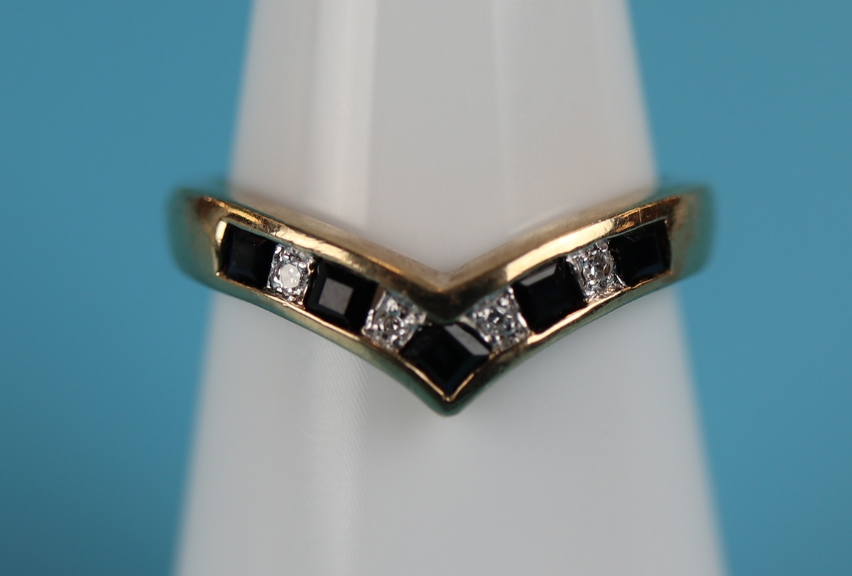 Gold sapphire & diamond set wish bone ring