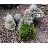 Stone urn, hedgehog, cat and gnome