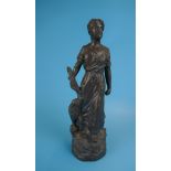 Spelter figure of woman and dog - Approx height 34cm