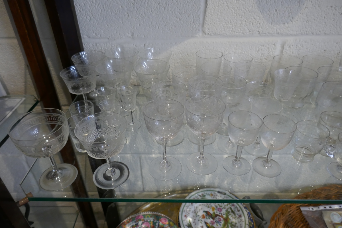 Shelf of glasses - Mostly etched - Image 4 of 8