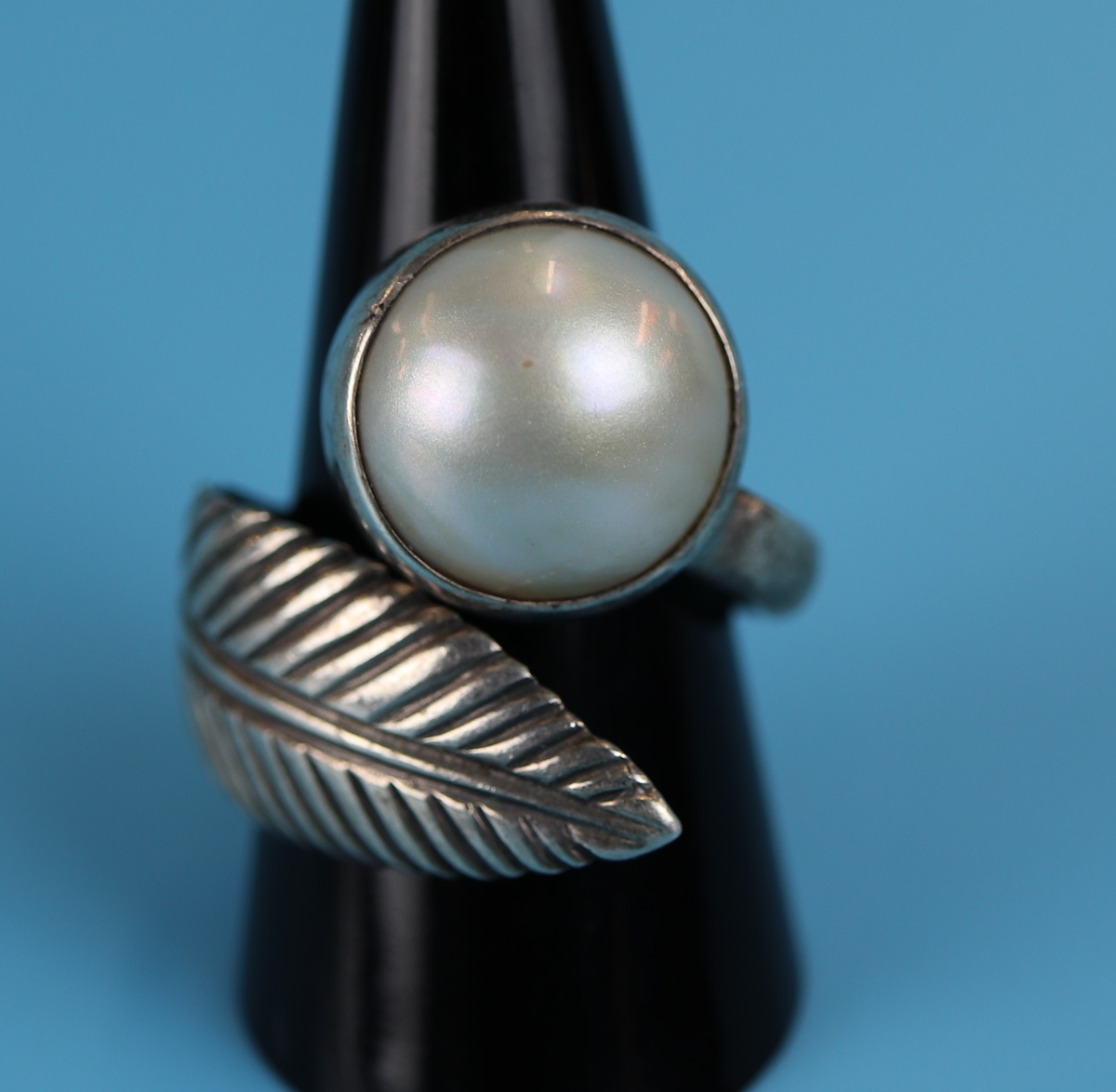 Silver stone set pearl ring