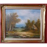 Oil on canvas - Rural scene by C Inness - Image size approx 59.5cm x 49.5cm