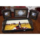 3 unusual framed teapots and tiled serving tray