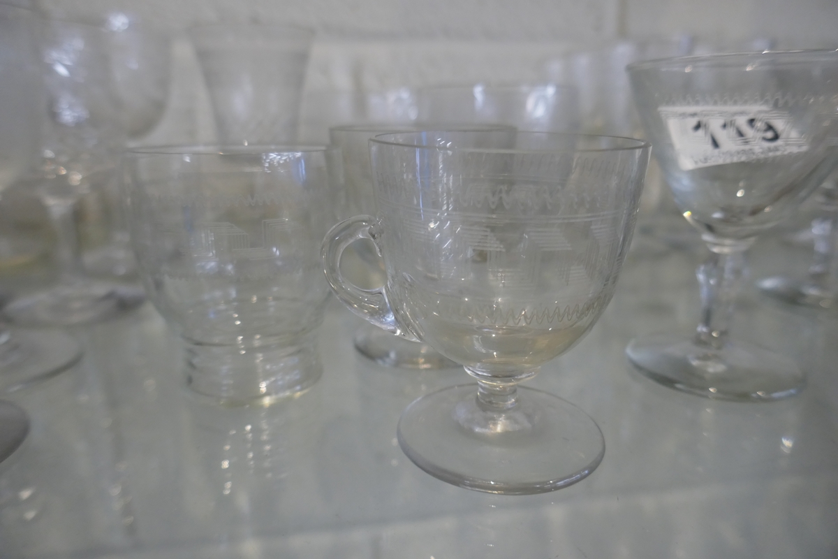 Shelf of glasses - Mostly etched - Image 7 of 8