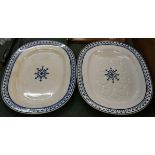 2 large blue and white meat plates