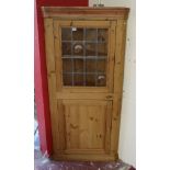 Pine glass front corner cabinet