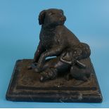 Bronze figure of dog & child on marble base - Approx H: 22.5cm