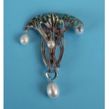 Silver enamel, pearl & ruby set pendant brooch