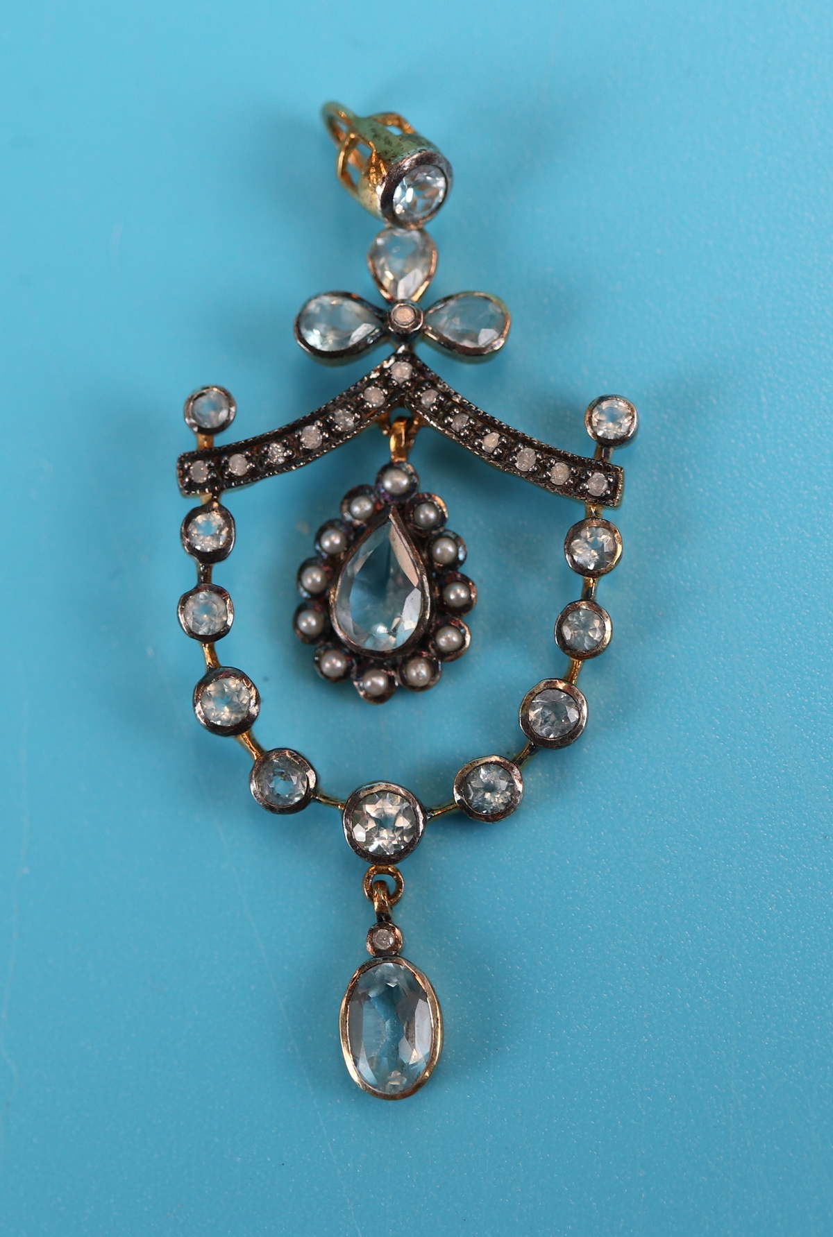 Blue topaz, pearl & diamond pendant