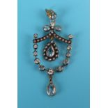 Blue topaz, pearl & diamond pendant