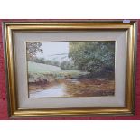 Small oil on board - River scene - V Chilton - Approx image size 34.5cm x 22cm