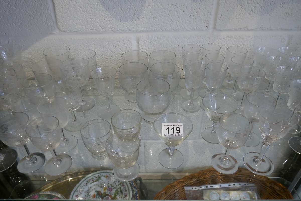 Shelf of glasses - Mostly etched - Image 3 of 8