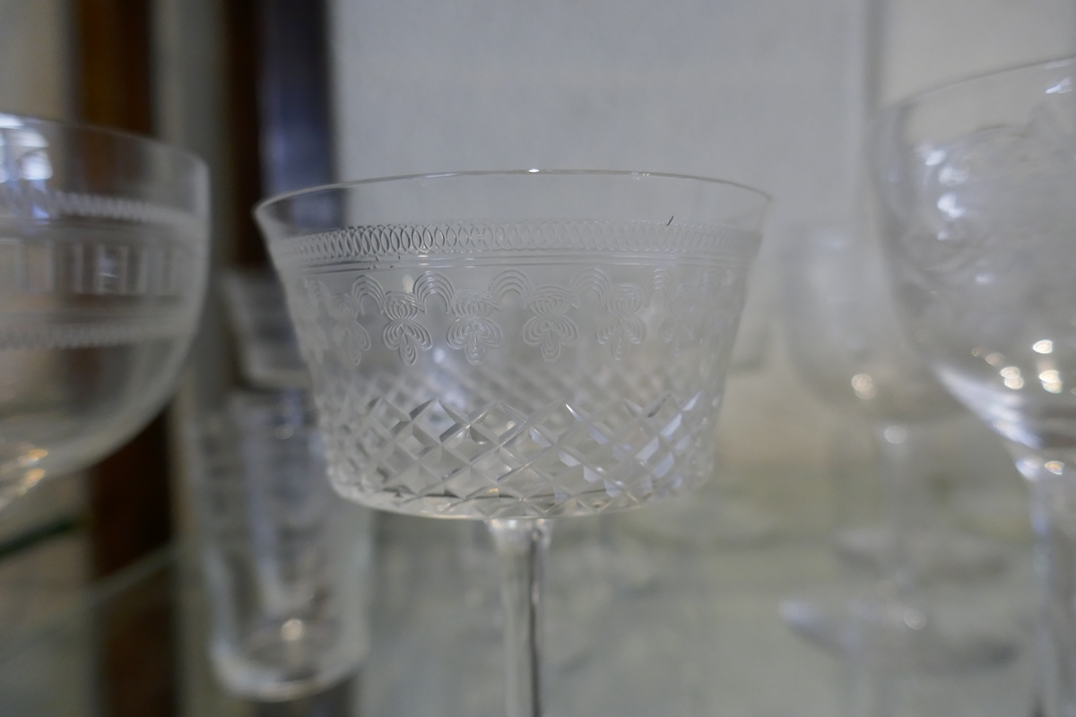 Shelf of glasses - Mostly etched - Image 5 of 8