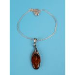 Silver & amber pendant on chain