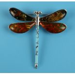 Silver turquoise & amber dragonfly brooch