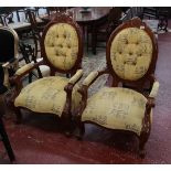 Pair of reproduction mahogany framed button-back armchairs