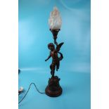 Signed spelter/bronze lamp depicting Cherub - Approx H: 91cm