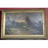 Large oil on canvas in heavy gilt frame - Hunting scene signed John Ruskin 1909 - Approx image size: