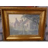 Oil on canvas - Church scene by Jack Pountney - Approx image size: 34.5cm x 24.5cm