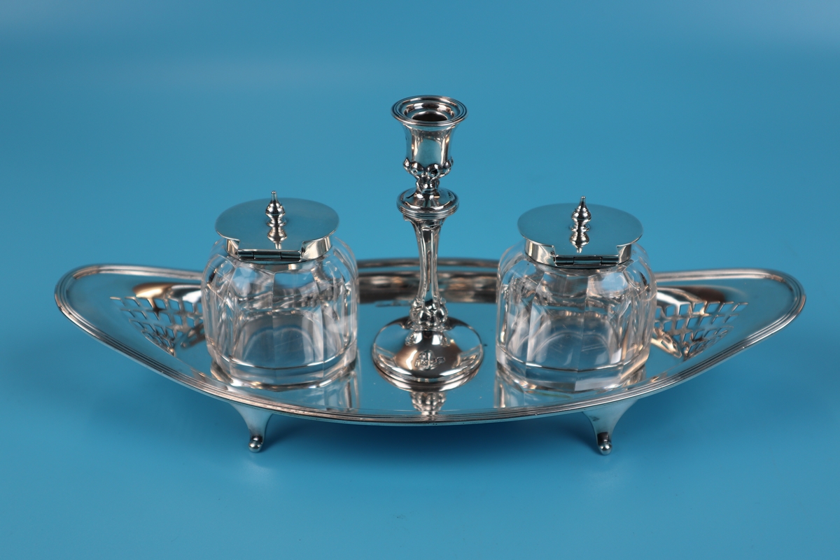 Hallmarked Victorian silver inkwell with candle holder - Birmingham 1897 Atkin Bros