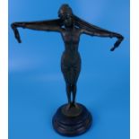 Bronze on marble base - Art Deco lady with scarf - Approx H: 28cm