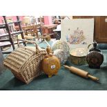 Vintage picnic basket, carved wooden flasks, rolling pin etc.