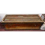 Wooden & metal bound military trunk with key - Approx size: W: 116.5cm D: 42.5cm H: 36.5cm