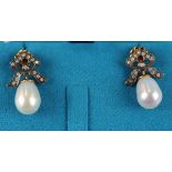 Pair of pearl & diamond bow shaped earrings