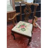 Oak framed elbow chair on cabriole legs with tapestry seat
