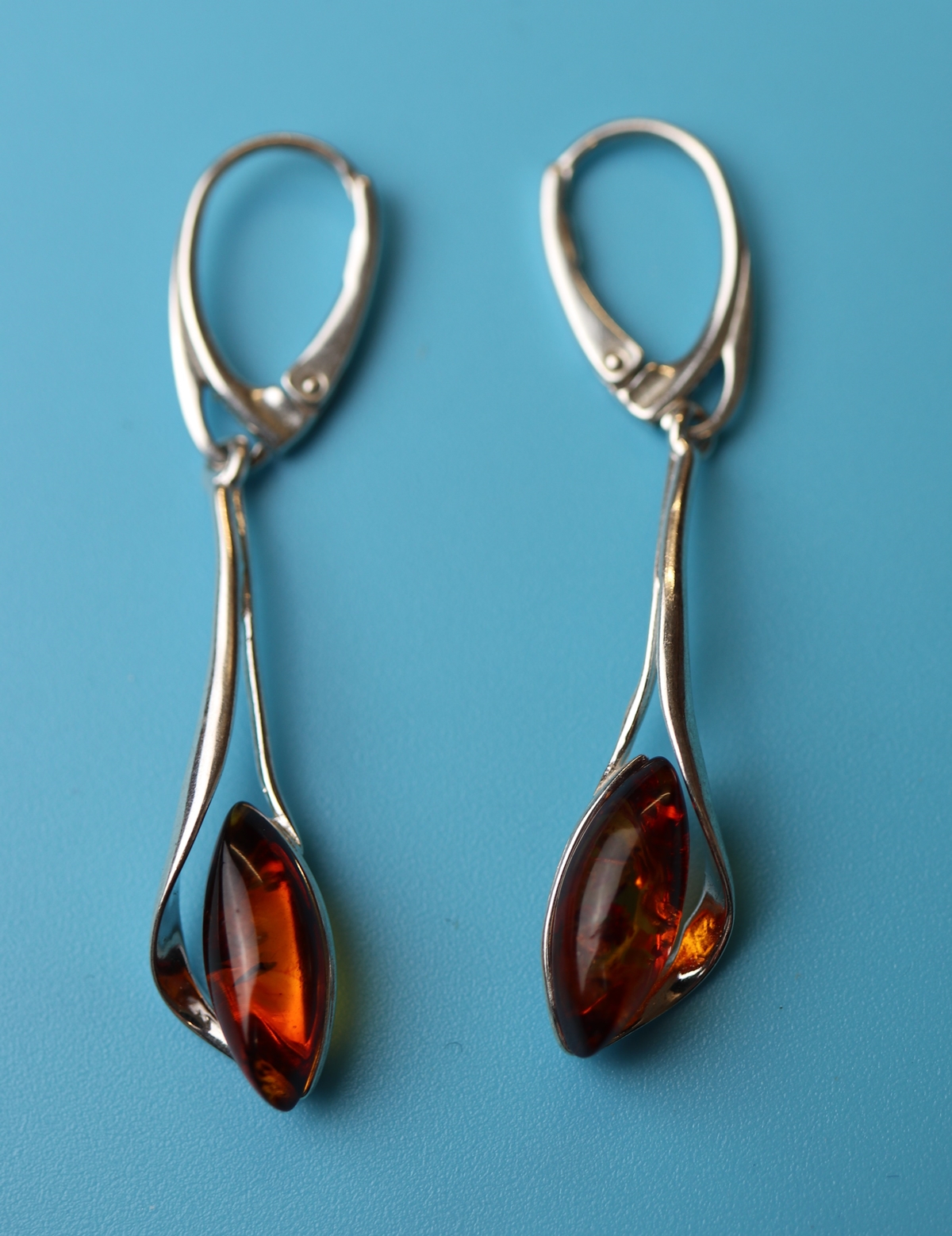 Pair of silver & amber drop earrings