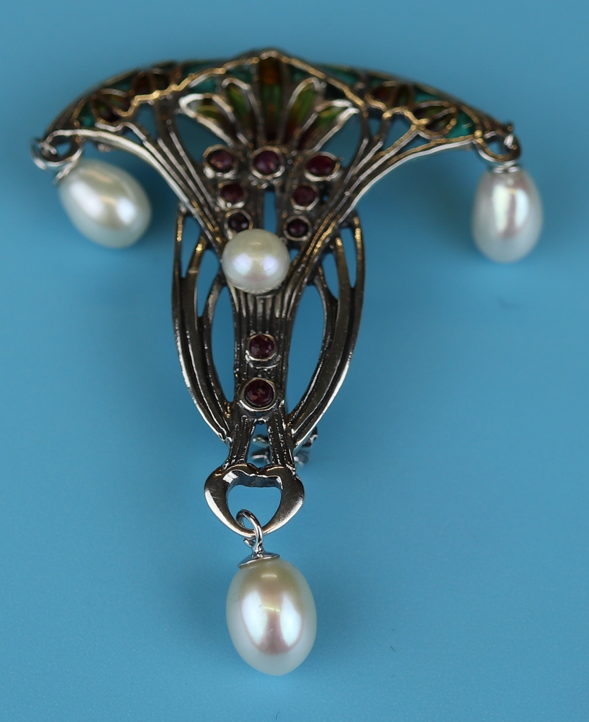 Silver champlevé enamel stone set pendant / brooch