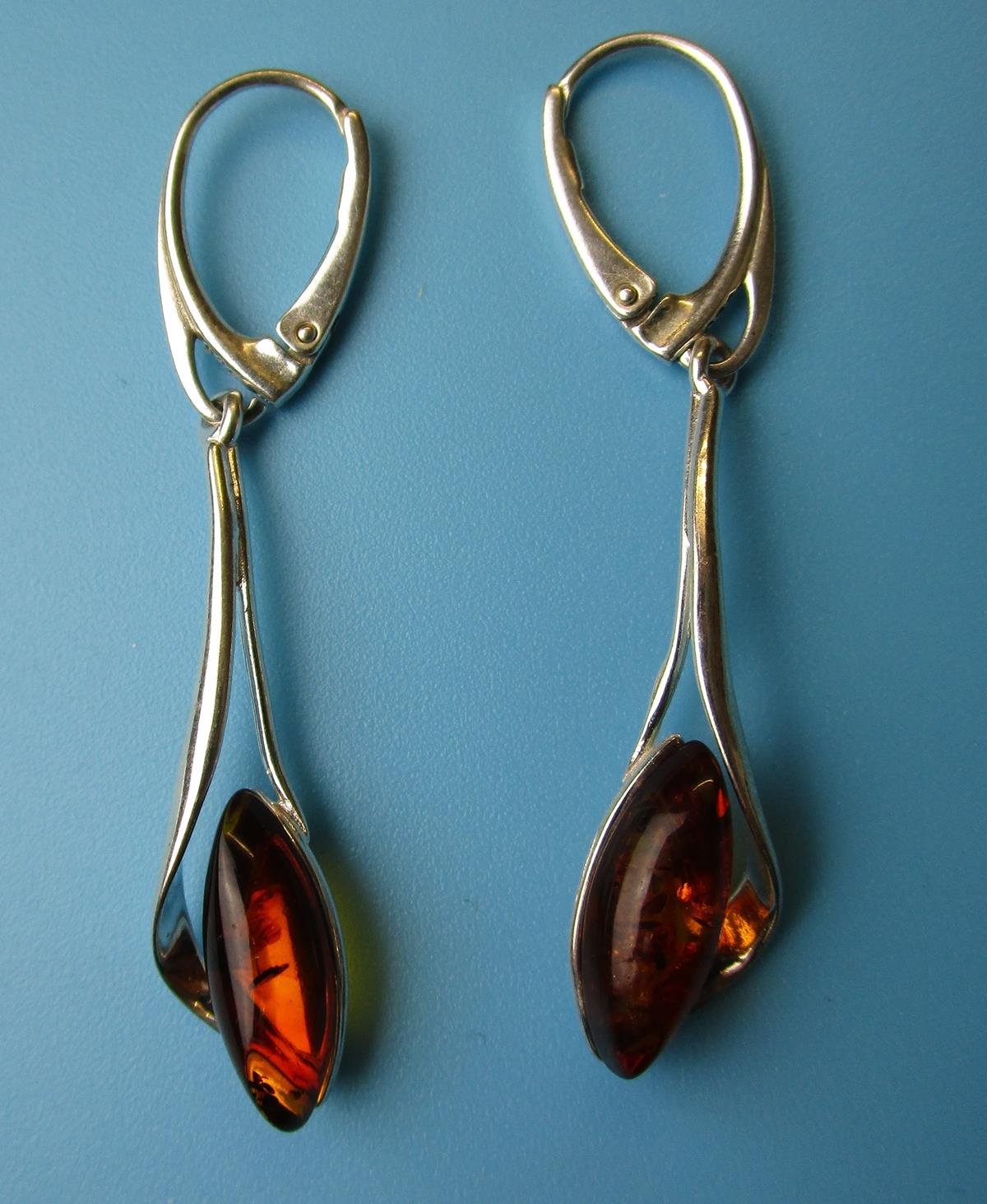 Pair of silver & amber drop earrings - Image 2 of 2