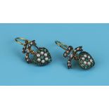 Pair of emerald, pearl & diamond heart earrings