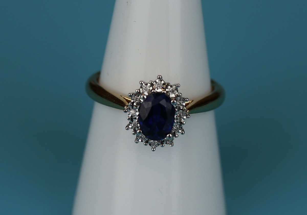 Gold sapphire & diamond cluster ring (Size: N½)