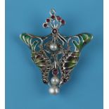 Silver champlevé enamel, ruby & pearl set bird brooch