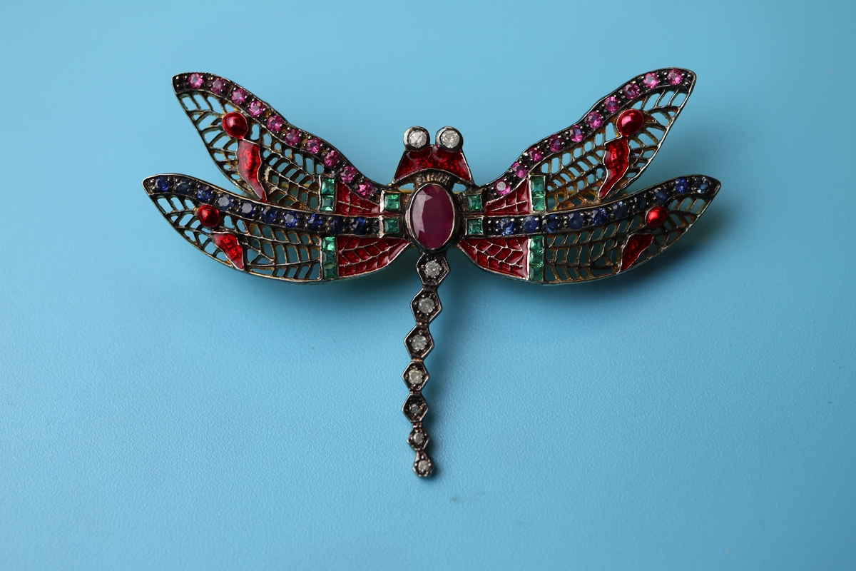 Ruby, diamond, emerald, sapphire & enamel dragonfly brooch