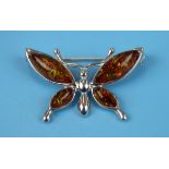 Silver & amber butterfly brooch