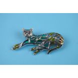 Silver champlevé enamel stone set cat brooch