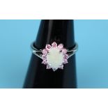 White gold opal & pink sapphire cluster ring (Size: L)