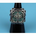 Large square Art Deco style dress ring - Blue & green enamel - Size J