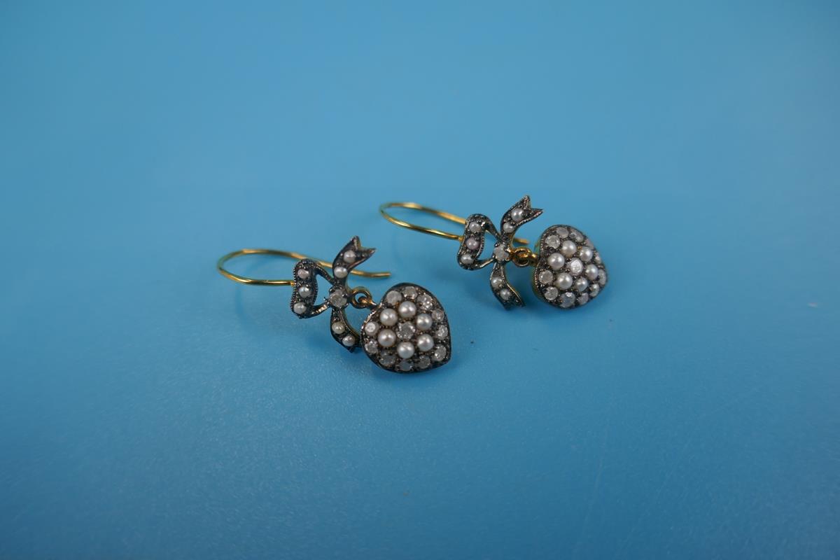 Pair of pearl & diamond heart shaped earrings - Image 2 of 3