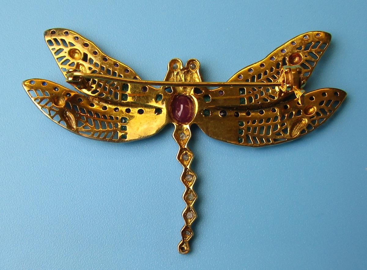 Ruby, diamond, emerald, sapphire & enamel dragonfly brooch - Image 2 of 2