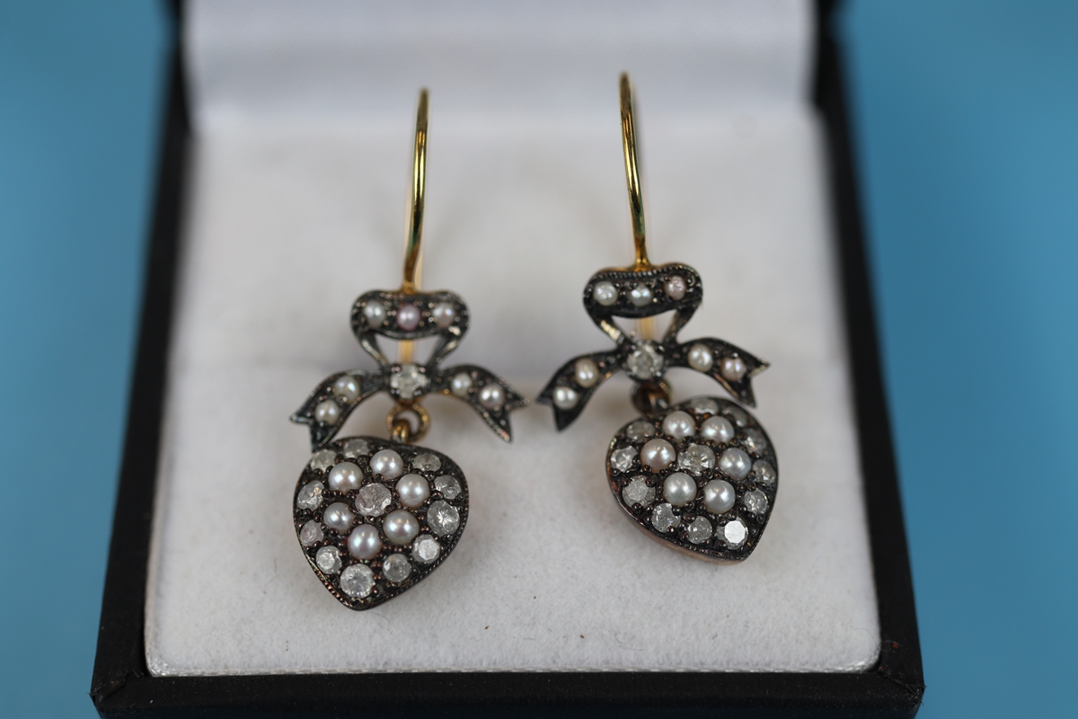 Pair of pearl & diamond heart shaped earrings