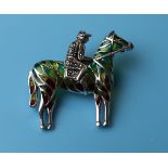 Silver champlevé enamel & marcasite set horse & jockey brooch